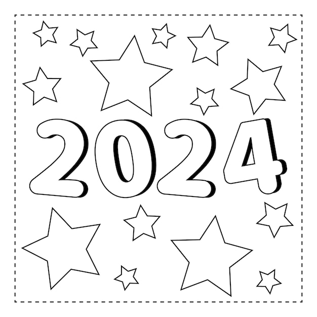 Coloriage Du Nouvel An 2024 Avec Des étoiles, Dessin Au Trait Noir Pour Les Enfants  Vecteur 