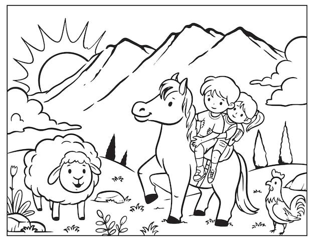 Vecteur coloriage enfants et chevaux à la ferme