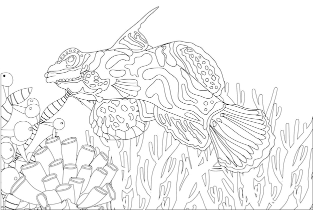 Vecteur coloriage exotique de poisson coloriage anti-stress créatures de la mer poisson de l'océan illustration vectorielle