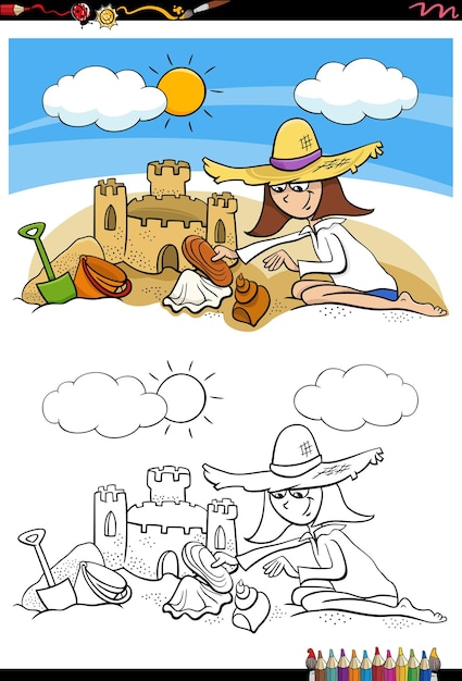 Coloriage Fille De Dessin Animé Et Château De Sable Sur La Plage