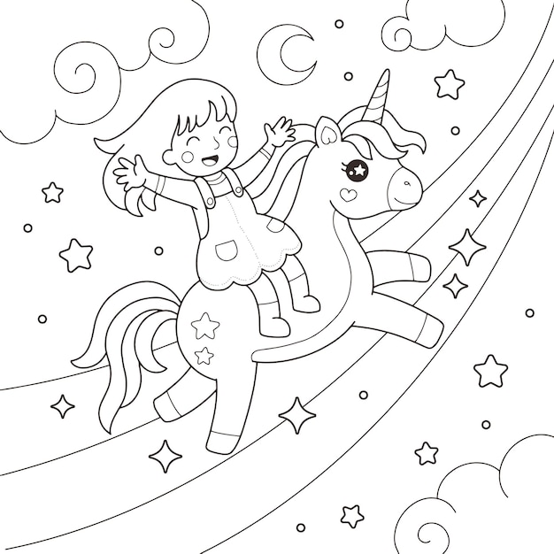 Coloriage Fille Sur Une Licorne Volant Au-dessus D'un Arc-en-ciel