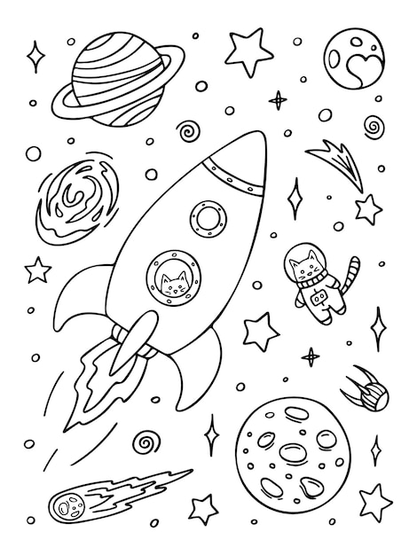 Vecteur coloriage avec fusée, chat astronaute et planètes dans l'espace.