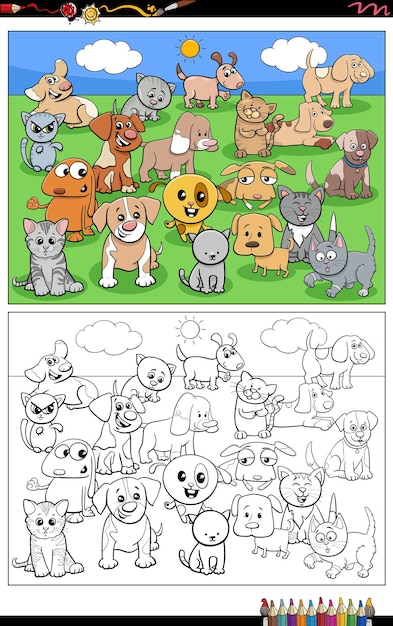 Coloriage De Groupe De Chiots Et Chatons De Dessin Animé