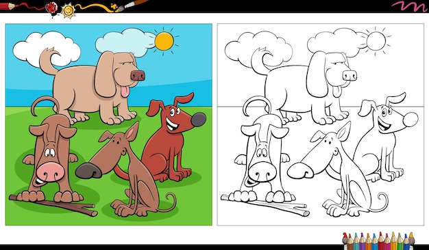 Coloriage Groupe De Personnages De Chiens Comiques Dans Le Pré