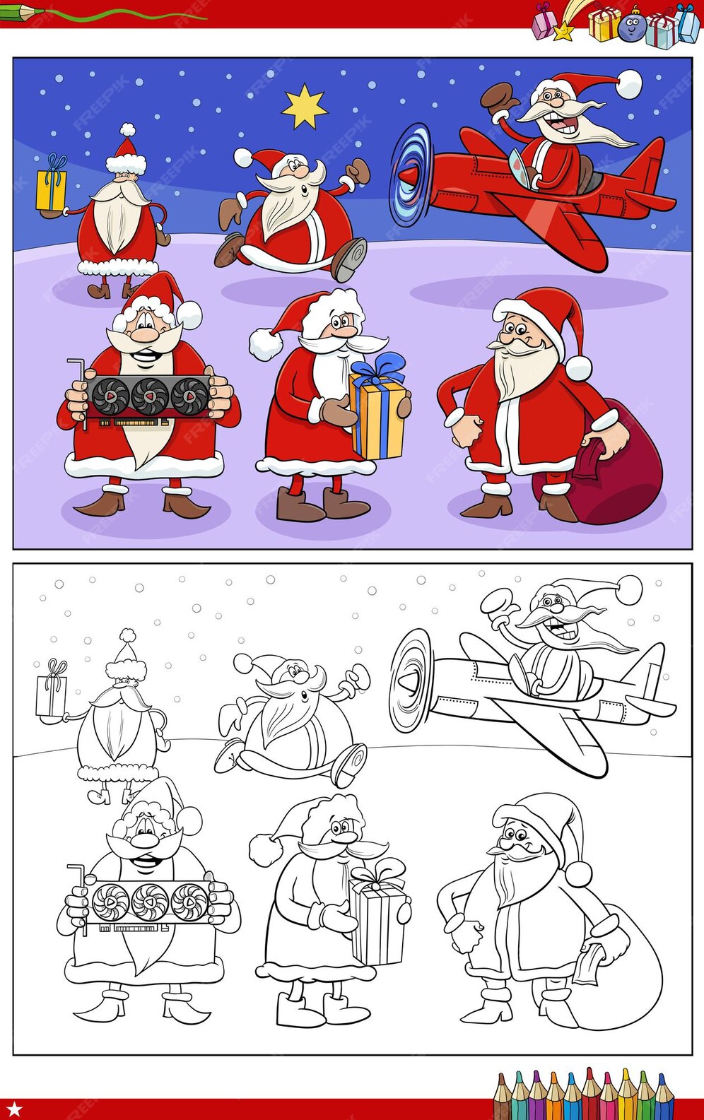 Coloriage De Groupe De Personnages De Noël Du Père Noël De Dessin Animé