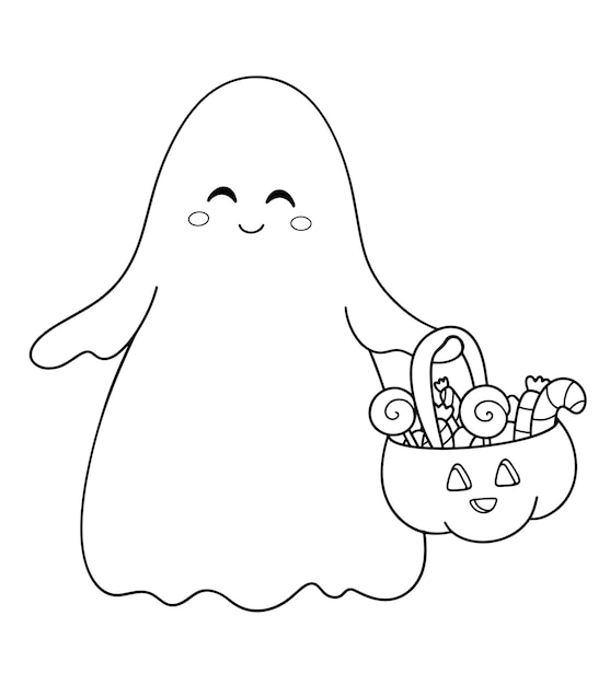 Vecteur coloriage d'halloween pour les enfants trick or treat ghost avec cimetière de bonbons enfants de dessin animé