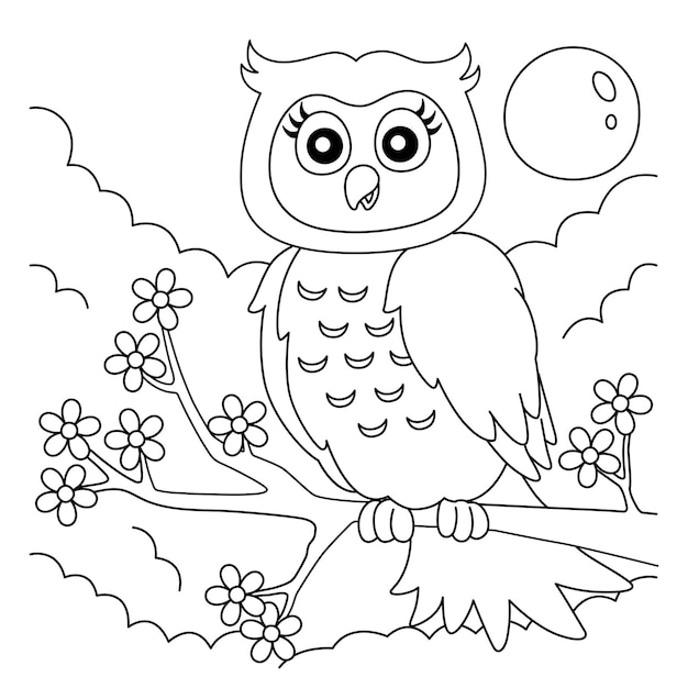 Coloriage hibou sur une branche d'arbre pour les enfants