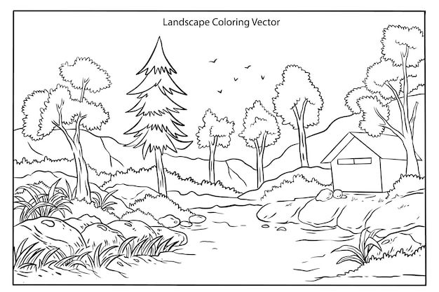 Vecteur coloriage de l'illustration du paysage du village