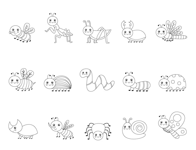 Coloriage avec des insectes mignons. Ensemble de bugs en noir et blanc.