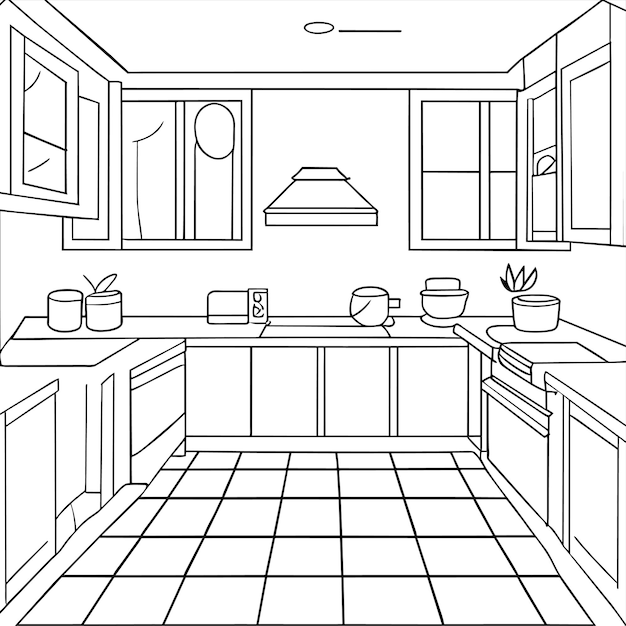 Vecteur coloriage intérieur de la salle de cuisine à la maison illustration vectorielle