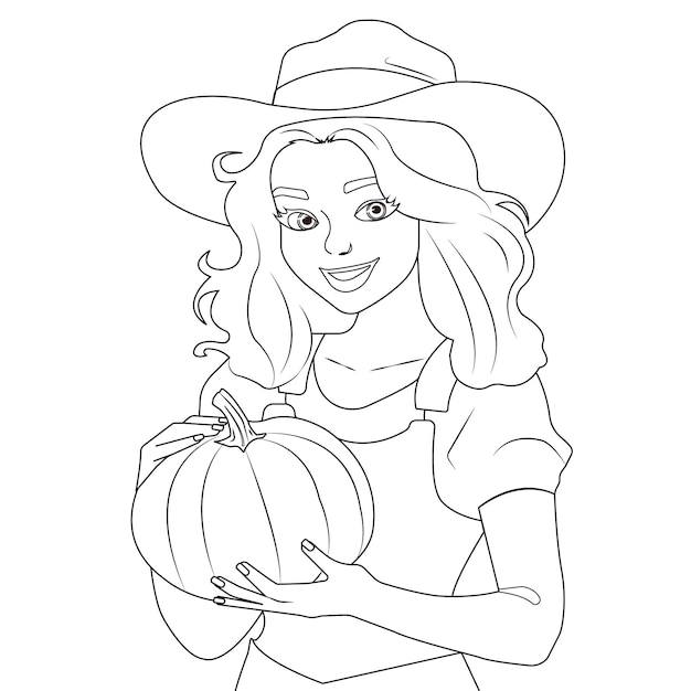 Coloriage Jeune jolie femme en vêtements de travail et un chapeau avec une citrouille à la main