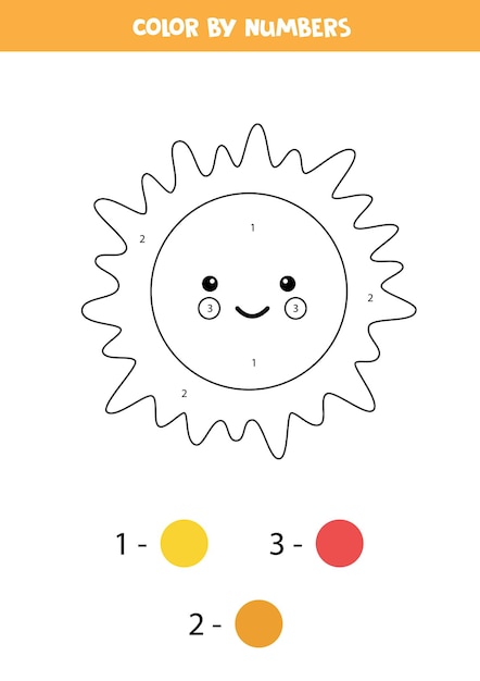 Coloriage Avec Un Joli Soleil Kawaii. Couleur Par Numéros. Jeu De Mathématiques Pour Les Enfants.