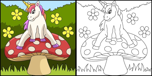 Coloriage Licorne Assise Sur Un Champignon