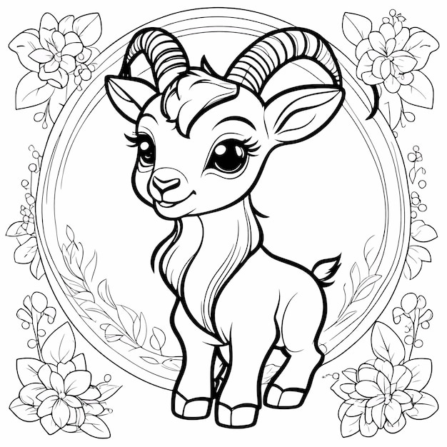 Vecteur coloriage d'un mignon bébé bouc disney style bas détaillé fond blanc ligne épaisse