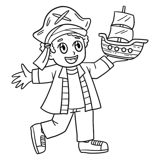Vecteur un coloriage mignon et drôle d'un enfant avec un chapeau de pirate et une maquette de bateau. offre des heures de plaisir à colorier aux enfants. couleur, cette page est très simple. convient aux petits enfants et aux tout-petits.