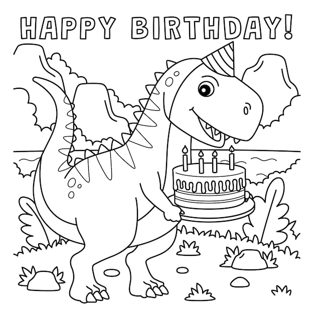 Vecteur un coloriage mignon et drôle d'un t-rex avec joyeux anniversaire. offre des heures de plaisir à colorier aux enfants. couleur, cette page est très simple. convient aux petits enfants et aux tout-petits.