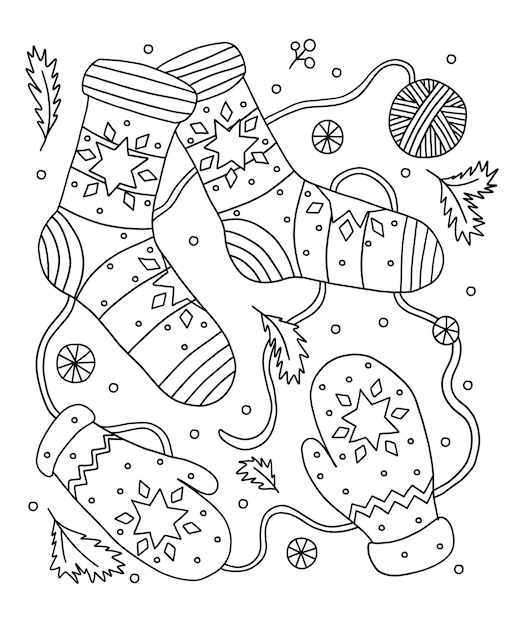 Vecteur coloriage de noël. chaussettes et gants.