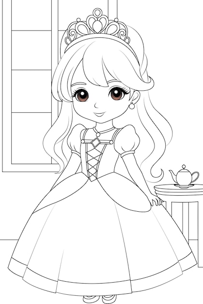 Vecteur coloriage page chibi princesse dans la pièce