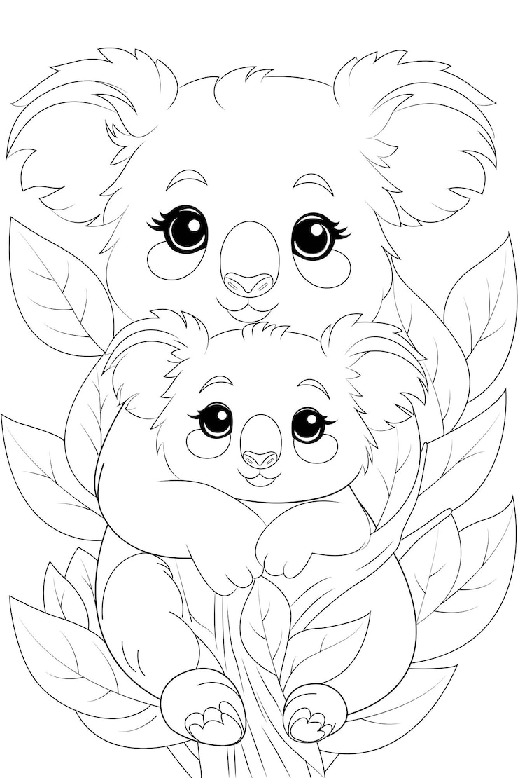 Vecteur coloriage une paire de koalas pelucheux se blottissant dans un arbre