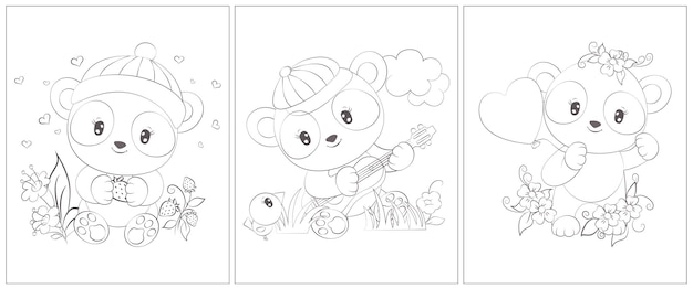 Coloriage Panda. Ensemble De Trois Pages Pour Un Livre De Coloriage