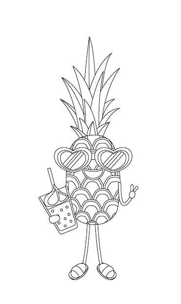 Coloriage avec personnage d'ananas joyeux avec cocktail et lunettes de soleil Vecteur de contour