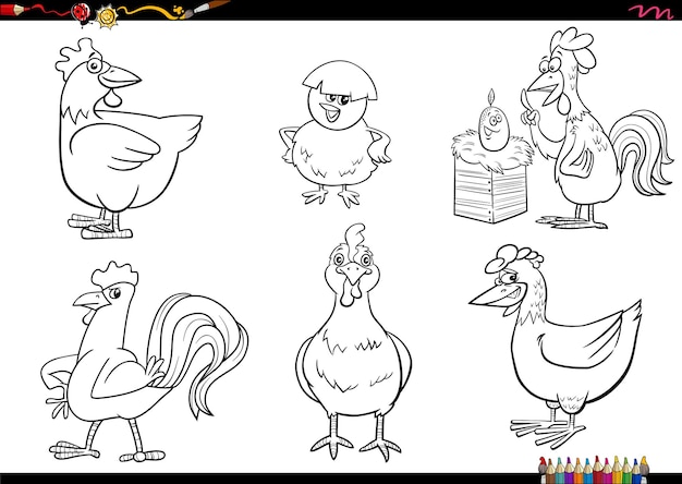 Coloriage De Personnages D'animaux De Ferme De Poulets De Dessin Animé