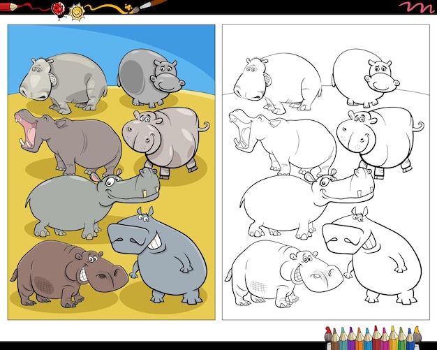 Coloriage De Personnages Animaux Hippopotames De Dessin Animé