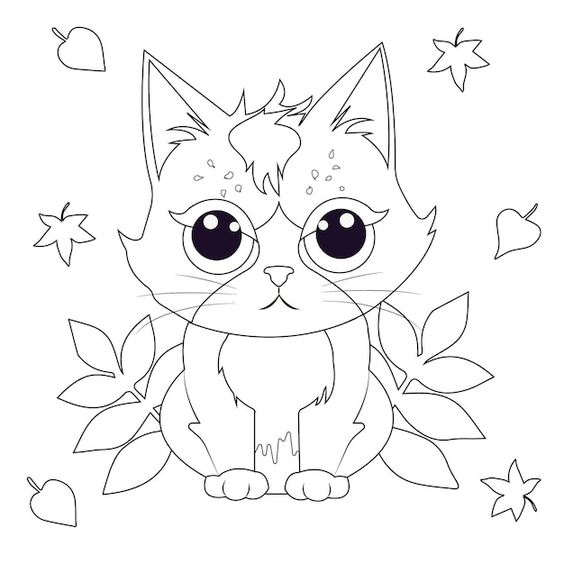 Coloriage pour enfants Chat de dessin animé mignon sur fond de feuilles d'automne