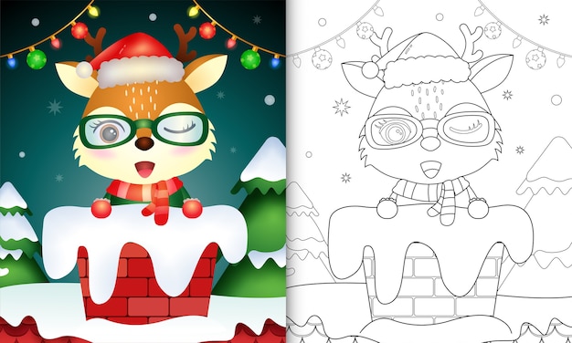 Coloriage Pour Les Enfants Avec Un Joli Cerf à L'aide D'un Bonnet De Noel Et D'une écharpe Dans La Cheminée