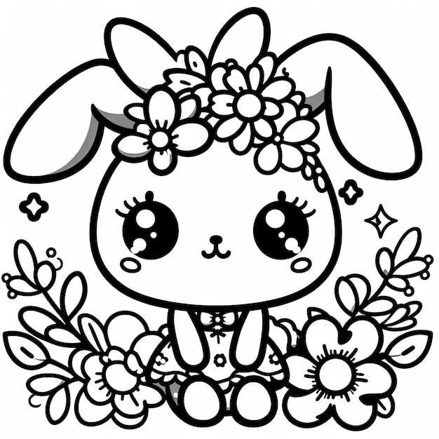 Coloriage pour tous les âges Illustration facile de lapin et de fleurs