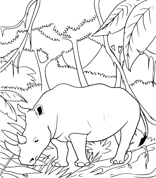 Vecteur coloriage rhino dans la jungle