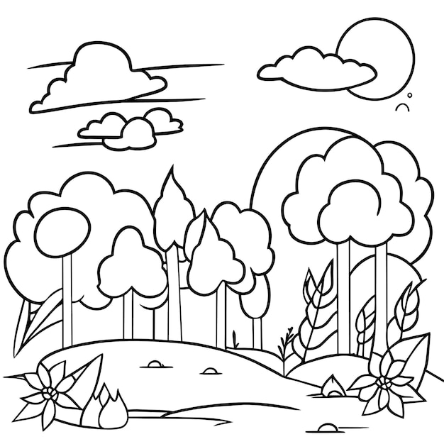 coloriage scènes de nature de paysage avec des nuages de soleil ou scène de paysage de prairie de nombreux arbres fleurissent