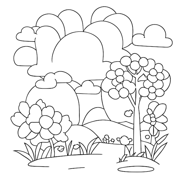 Vecteur coloriage scènes de nature de paysage avec des nuages de soleil ou scène de paysage de prairie de nombreux arbres fleurissent