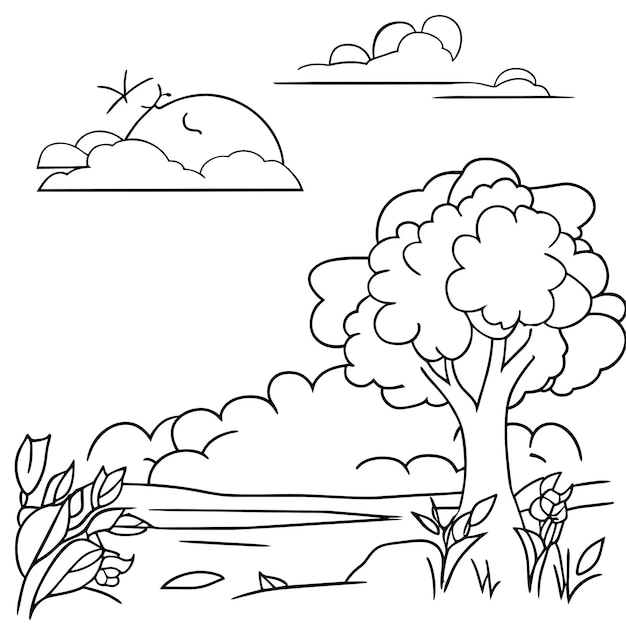 Coloriage Scènes De Nature De Paysage Avec Des Nuages De Soleil Ou Scène De Paysage De Prairie De Nombreux Arbres Fleurissent