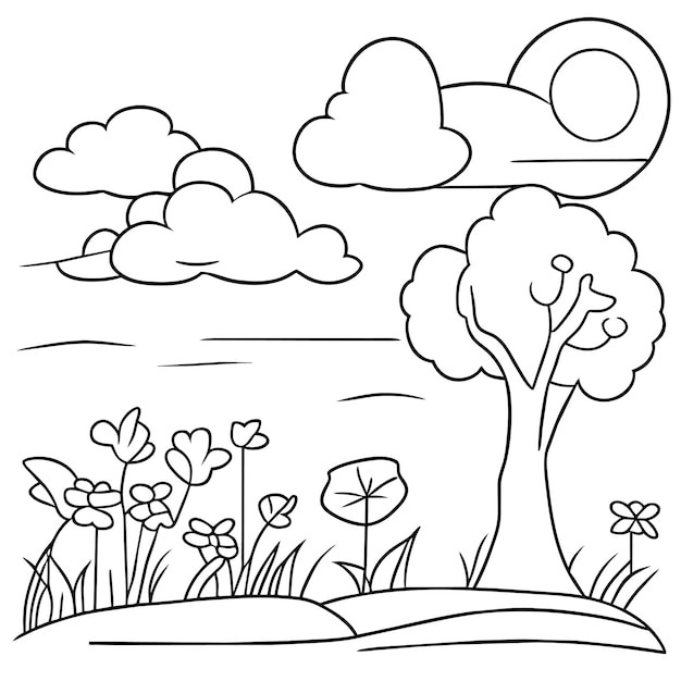 Coloriage Scènes De Nature De Paysage Avec Des Nuages De Soleil Ou Scène De Paysage De Prairie De Nombreux Arbres Fleurissent