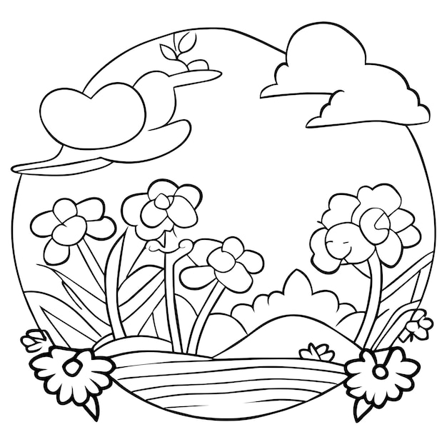 coloriage scènes de nature de paysage avec des nuages de soleil ou scène de paysage de prairie de nombreux arbres fleurissent