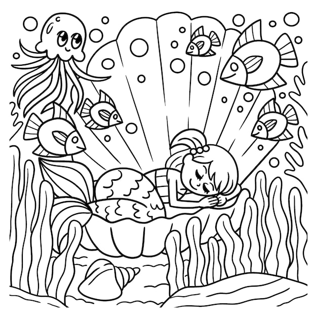 Coloriage sirène endormie dans une coquille pour les enfants