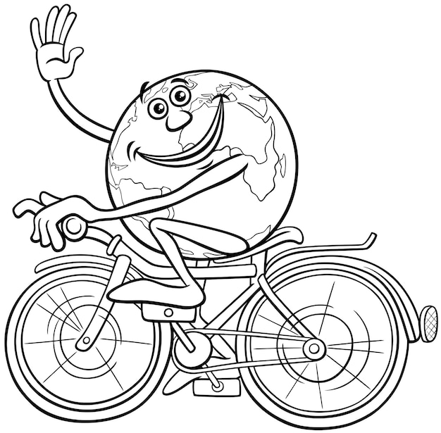 Coloriage Terre De Dessin Animé Sur Un Vélo