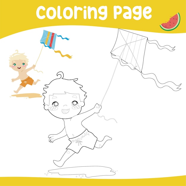 Coloriage Sur Le Thème De L'été Un Mignon Petit Garçon Blond Jouant Au Cerf-volant Sur La Plage Coloriage Activ