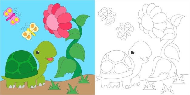 Vecteur coloriage tortue et fleur