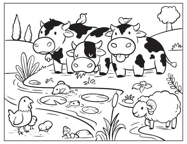 Vecteur coloriage vaches doodle vaches animaux de la ferme