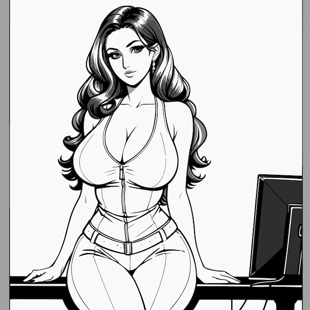 Coloriage Vectoriel Monochrome Belle Femme Dans Un Bureau