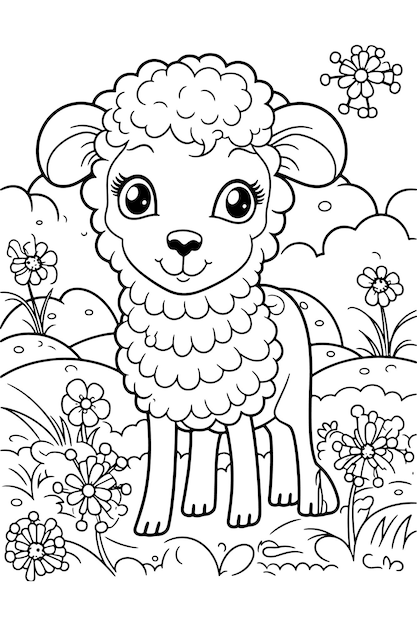 Vecteur coloriages un mouton dans un champ avec des fleurs et un mouton papillon