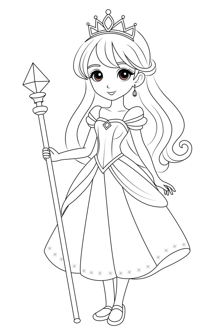 Vecteur colorier page chibi princesse avec un bâton magique