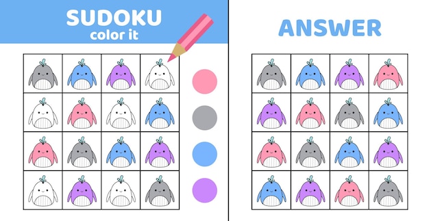 Coloring sudoku avec baleine Sudoku baleine jeu pour enfants Squishmallow dessin animé vecteur plat eps 10