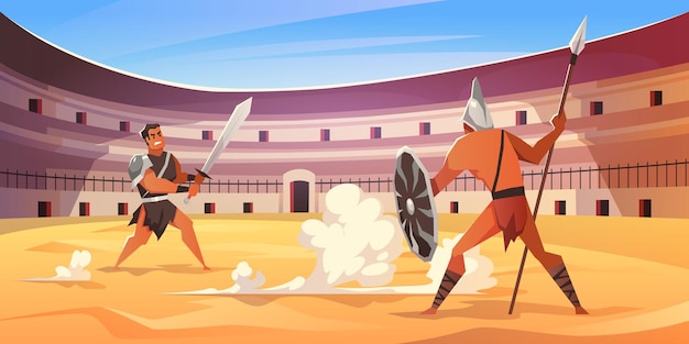 Combat De Gladiateurs Combattants Romains De Dessin Animé à L'arène Du Colisée Les Guerriers Attaquent Diverses Armes Et Armures Ancienne Bataille Montrent Des Personnages En Costumes Traditionnels Vecteur Concept Isolé