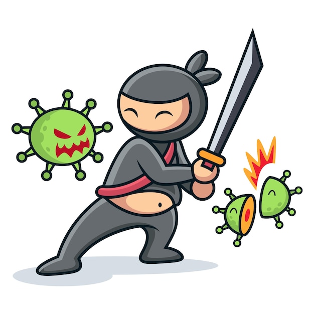 Combat De Ninja Mignon Avec Dessin Animé De Virus. Ninja
