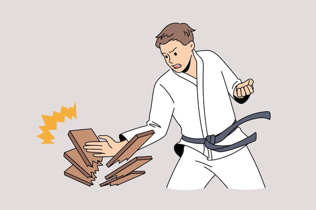 Combats Orientaux Et Concept D'art De Guerre. Jeune Homme En Kimono Blanc Debout Faisant Pousser Avec La Main Casser Des Bois Se Sentant Fort Confiant Illustration Vectorielle