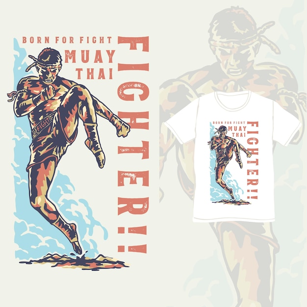 Vecteur un combattant de muay thai pose avec une illustration de style vintage