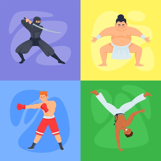 Vecteur combattants compositions plates 2x2 serties d'arrière-plans carrés colorés et de personnages de griffonnage d'illustration vectorielle de maîtres d'arts martiaux